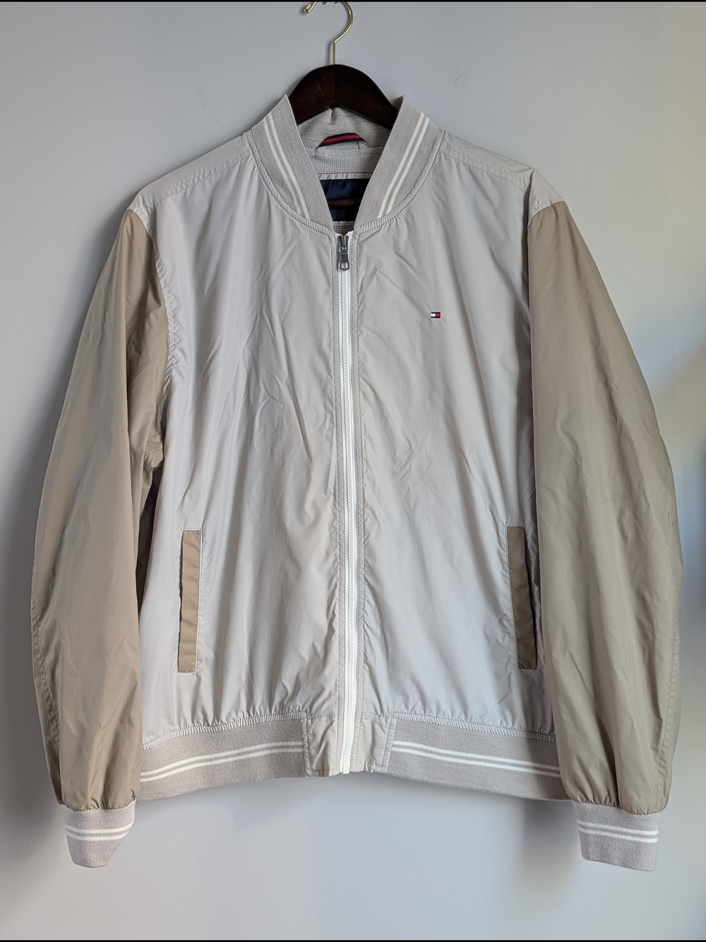 Tommy Hilfiger Men's XL Bomber Jacket Colorblock Full Zip Windbreaker Oyster